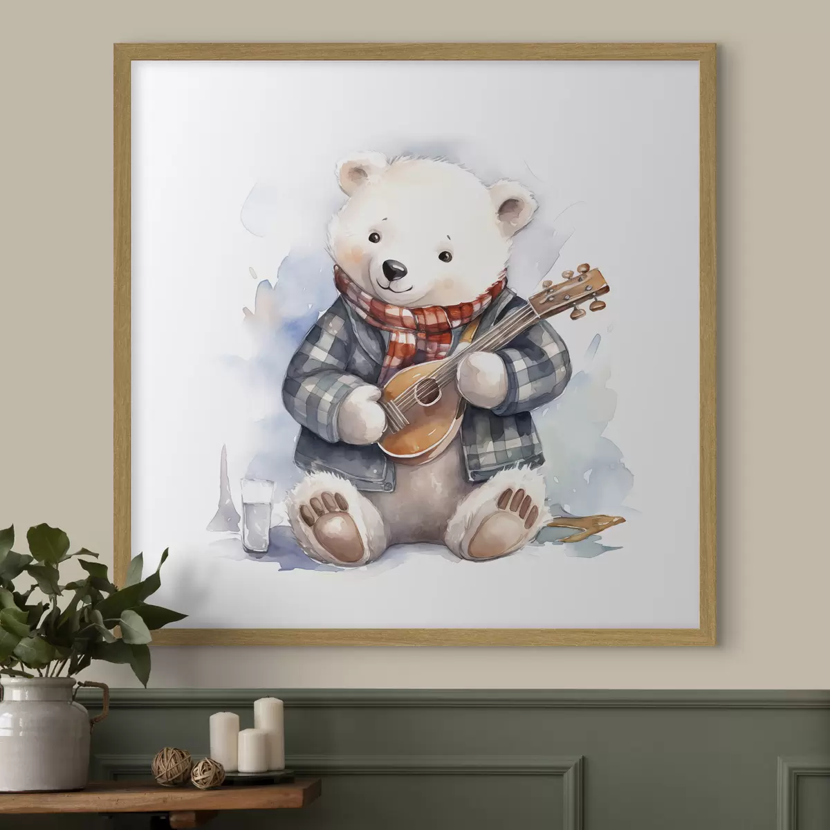 Poster Musicista orso polare in abito blu a scacchi e sciarpa rossa suona la chitarra illustrazione acquerello per bambini f39120