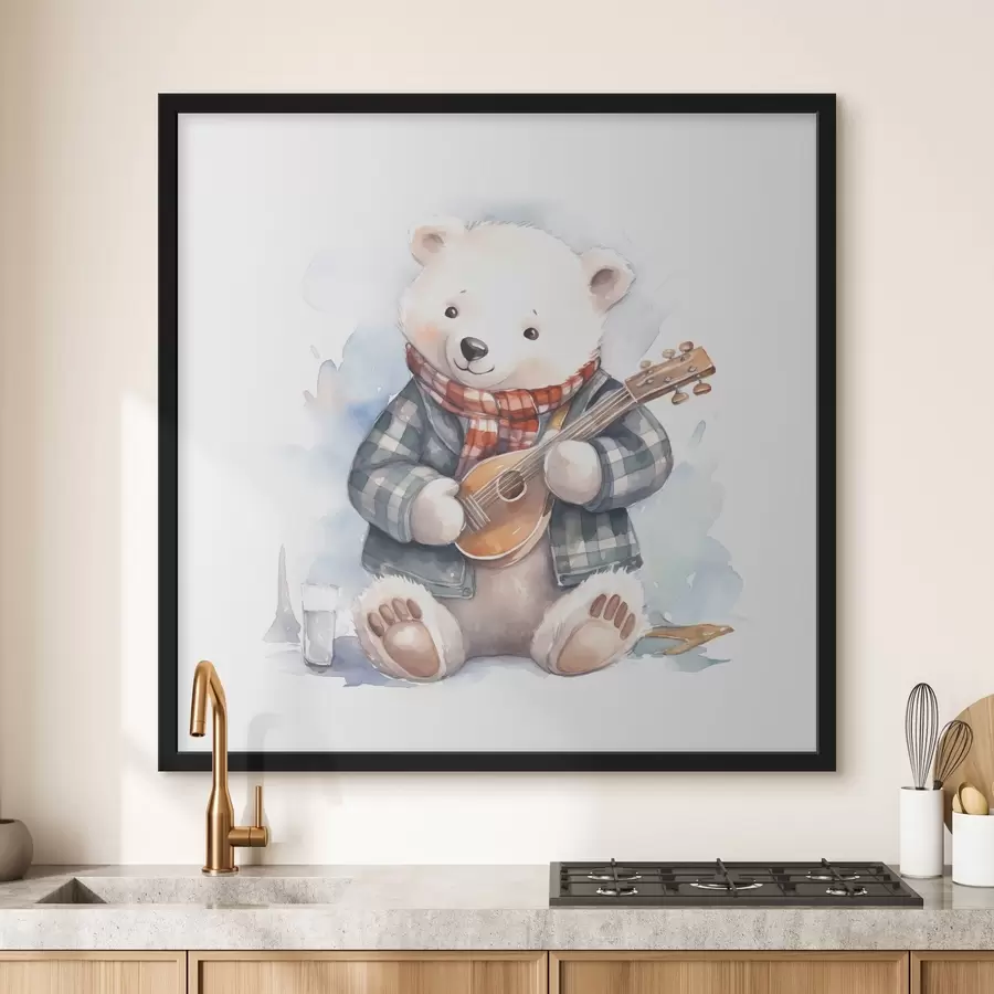 carta da parati Musicista orso polare in abito blu a scacchi e sciarpa rossa suona la chitarra illustrazione acquerello per bambini nr. f39120