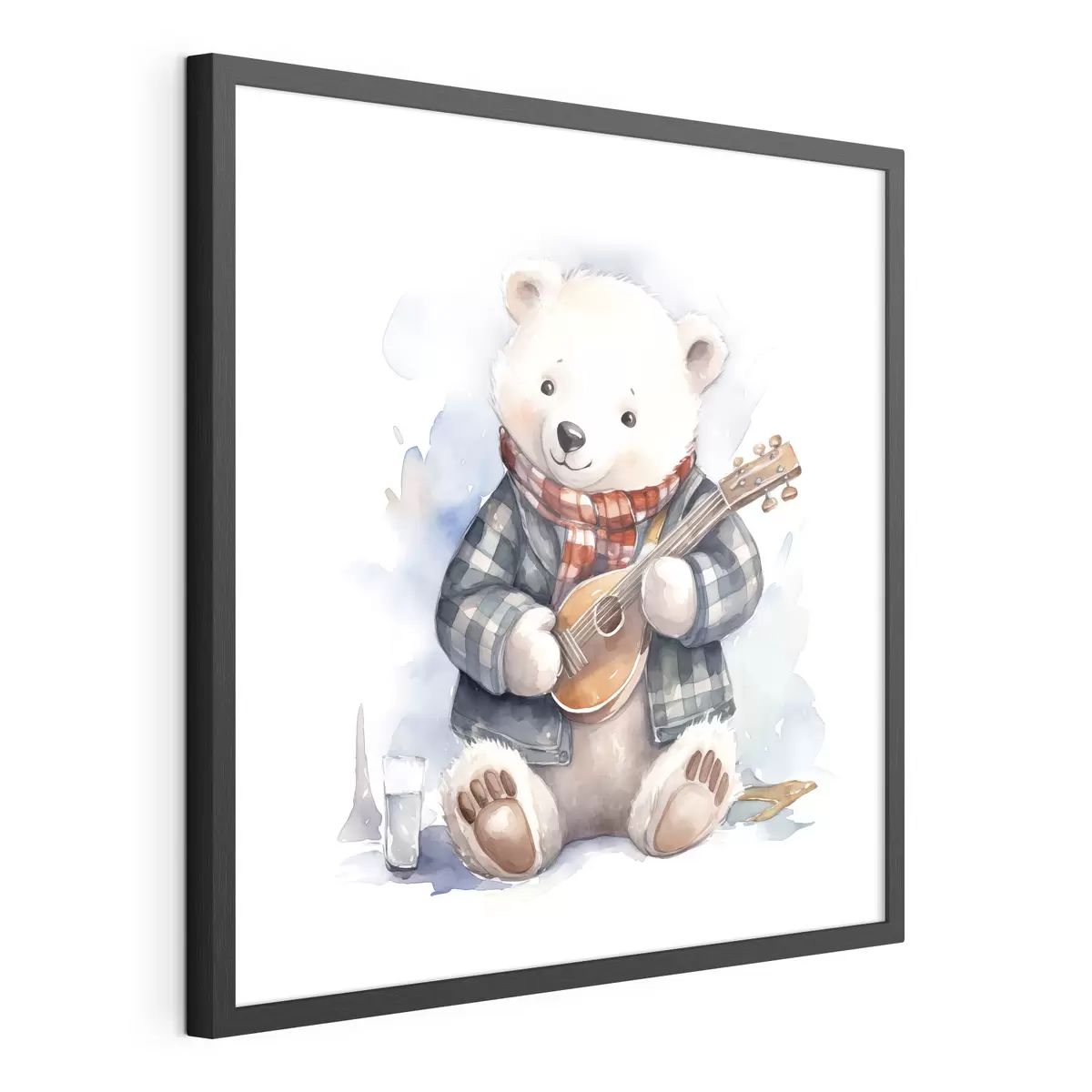 Poster Musicista orso polare in abito blu a scacchi e sciarpa rossa suona la chitarra illustrazione acquerello per bambini f39120