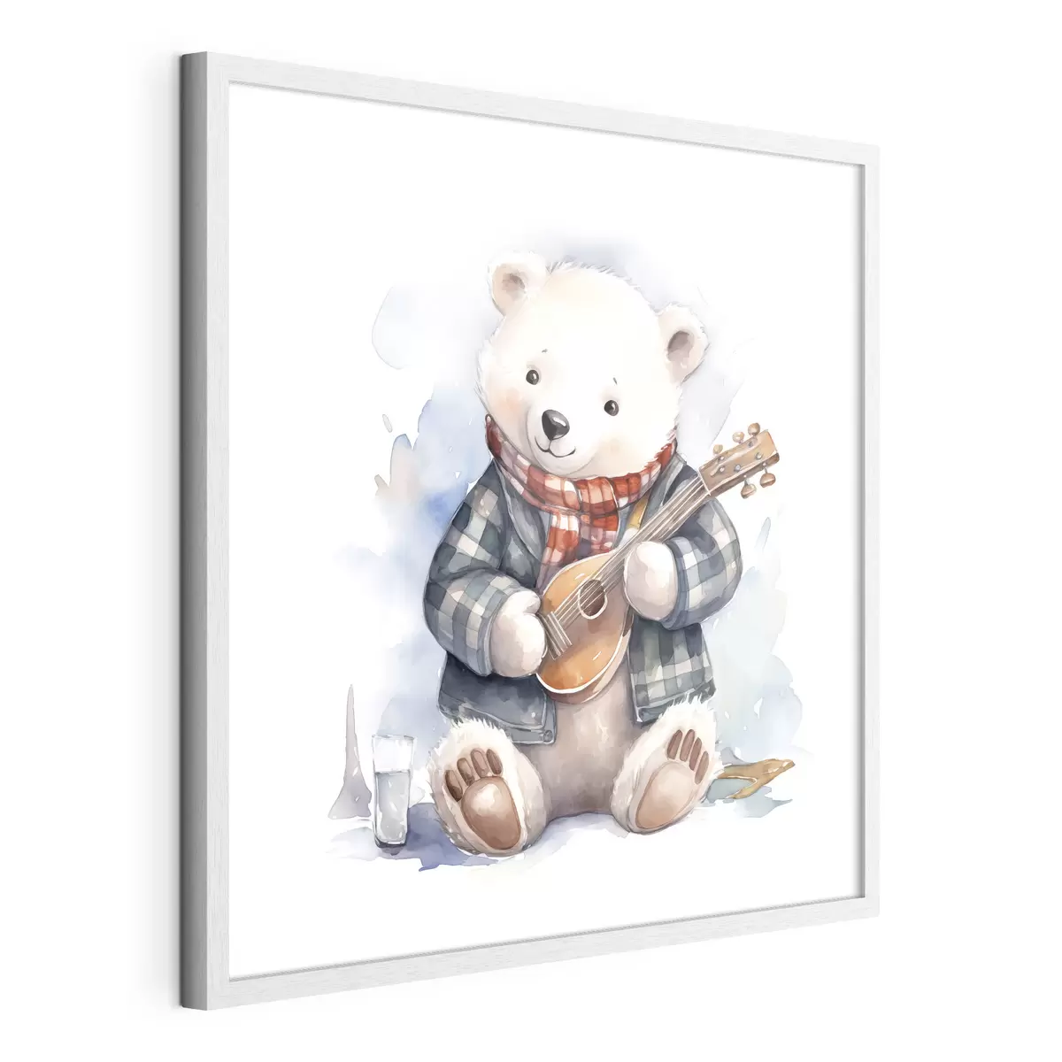 Poster Musicista orso polare in abito blu a scacchi e sciarpa rossa suona la chitarra illustrazione acquerello per bambini f39120