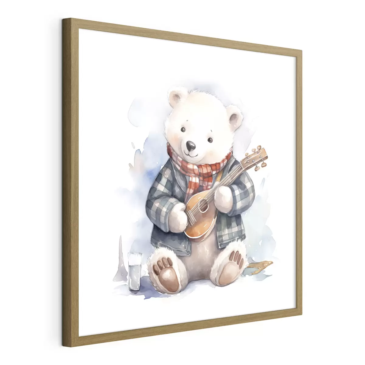 Poster Musicista orso polare in abito blu a scacchi e sciarpa rossa suona la chitarra illustrazione acquerello per bambini f39120