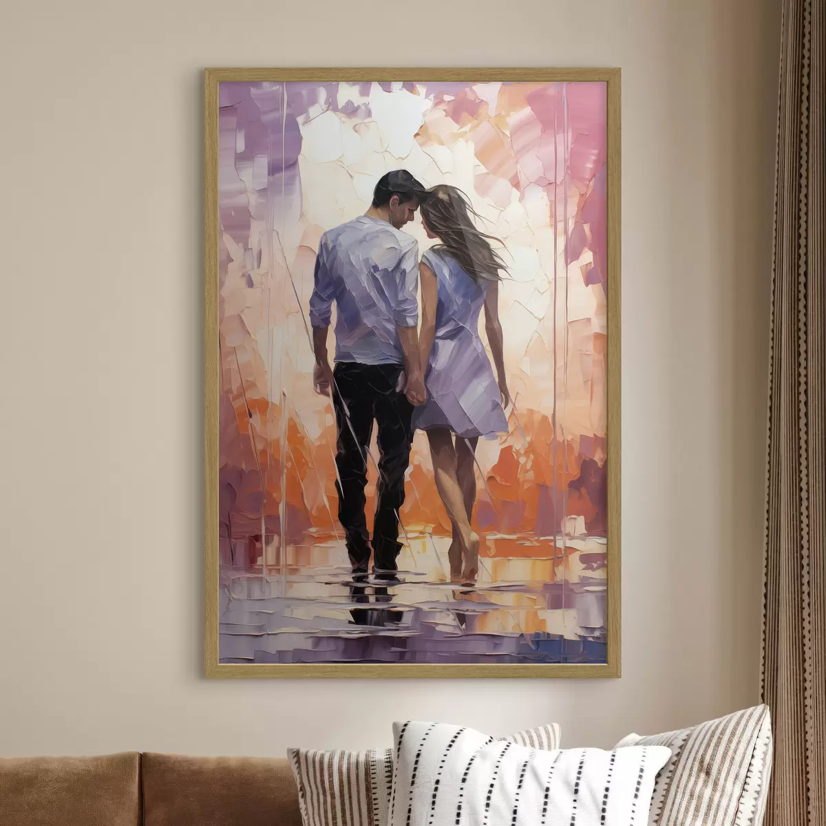 Poster Silhouette di una coppia innamorata pittura astratta, ragazza e ragazzo, colore rosa, arancione, viola, nero f39124