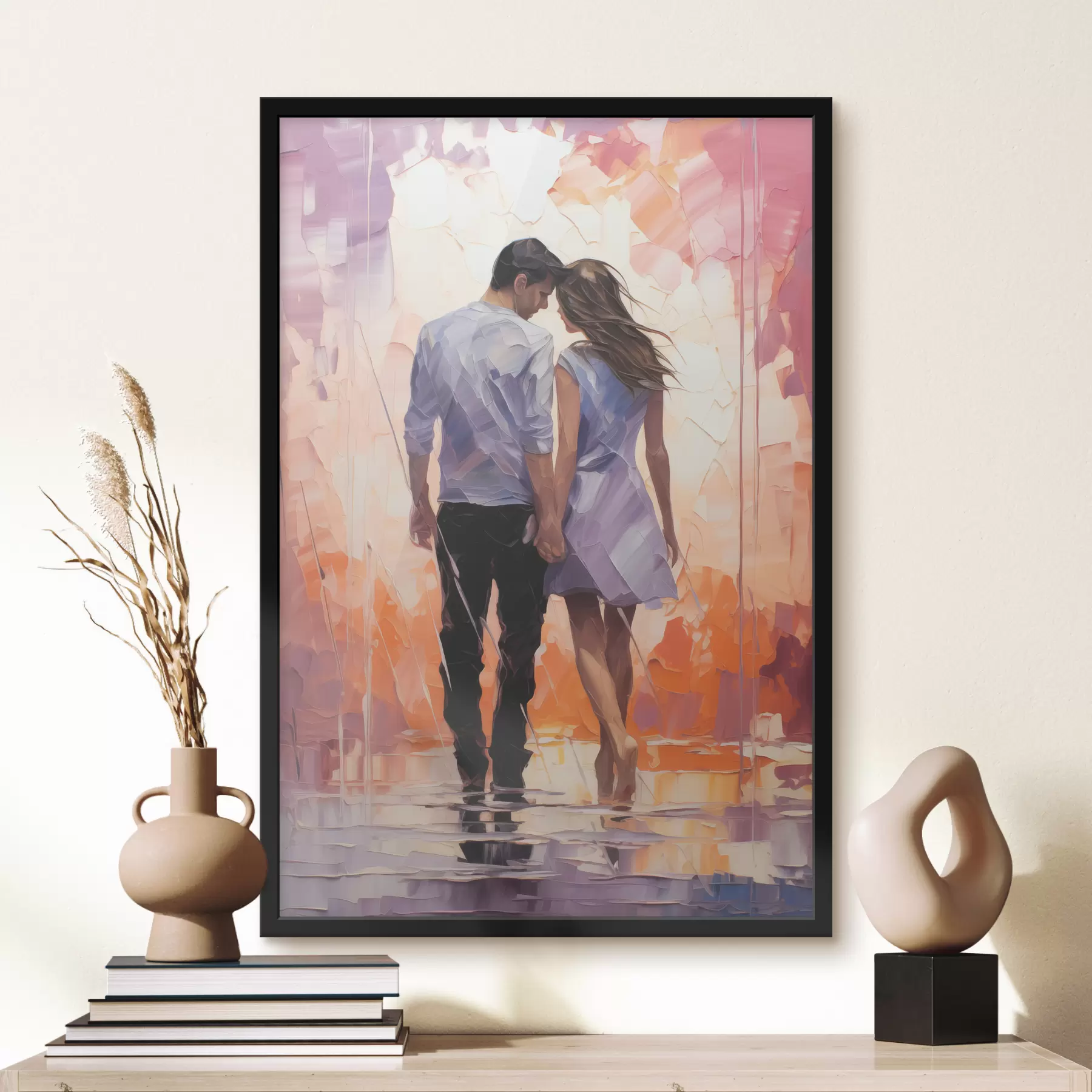 carta da parati Silhouette di una coppia innamorata pittura astratta, ragazza e ragazzo, colore rosa, arancione, viola, nero nr. f39124