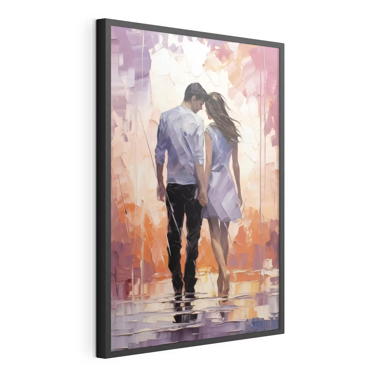 Poster Silhouette di una coppia innamorata pittura astratta, ragazza e ragazzo, colore rosa, arancione, viola, nero f39124