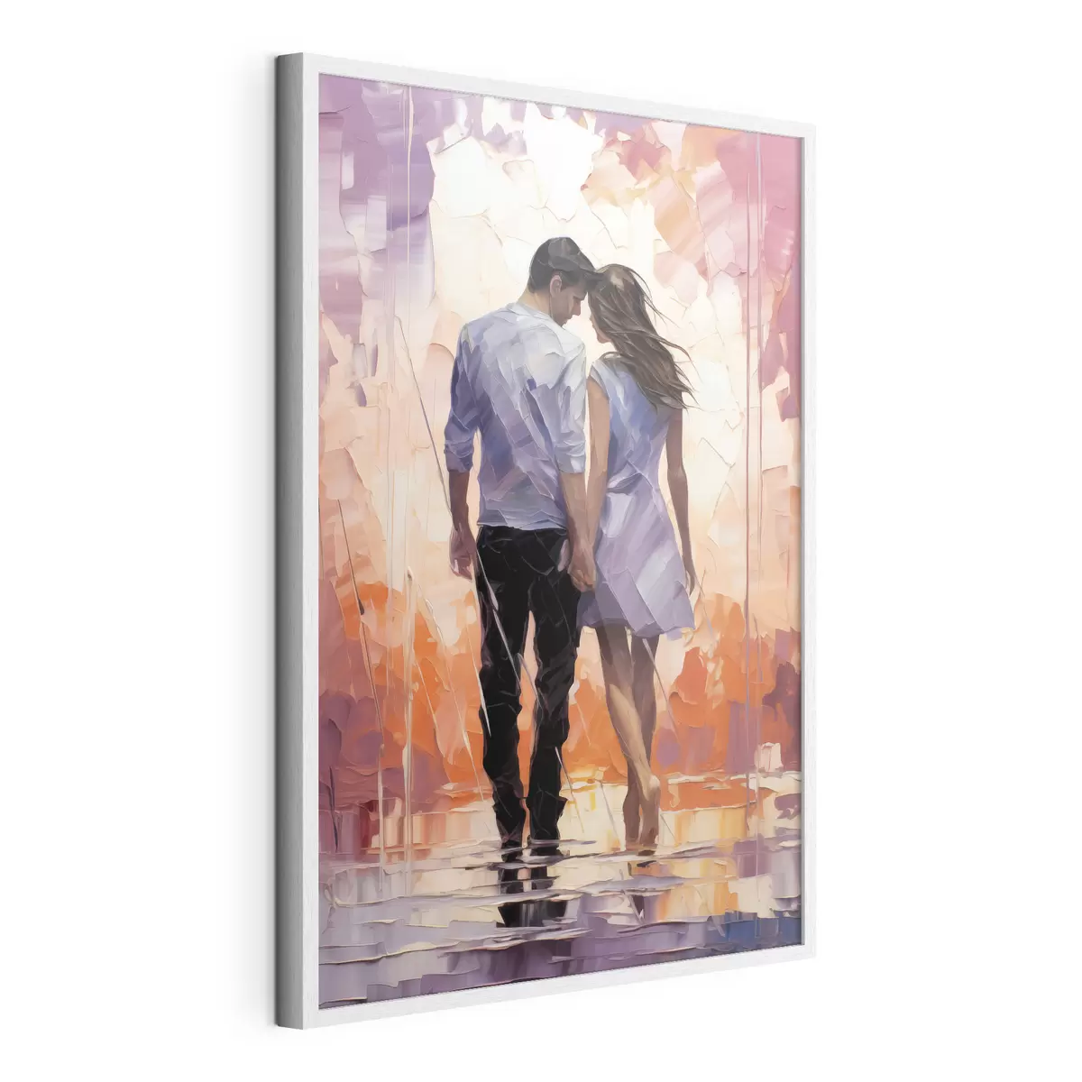 Poster Silhouette di una coppia innamorata pittura astratta, ragazza e ragazzo, colore rosa, arancione, viola, nero f39124