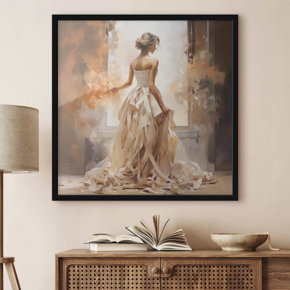 Poster Una ragazza in abito da sposa bianco si affaccia alla finestra tra i fuochi e dipinge a mano f39125