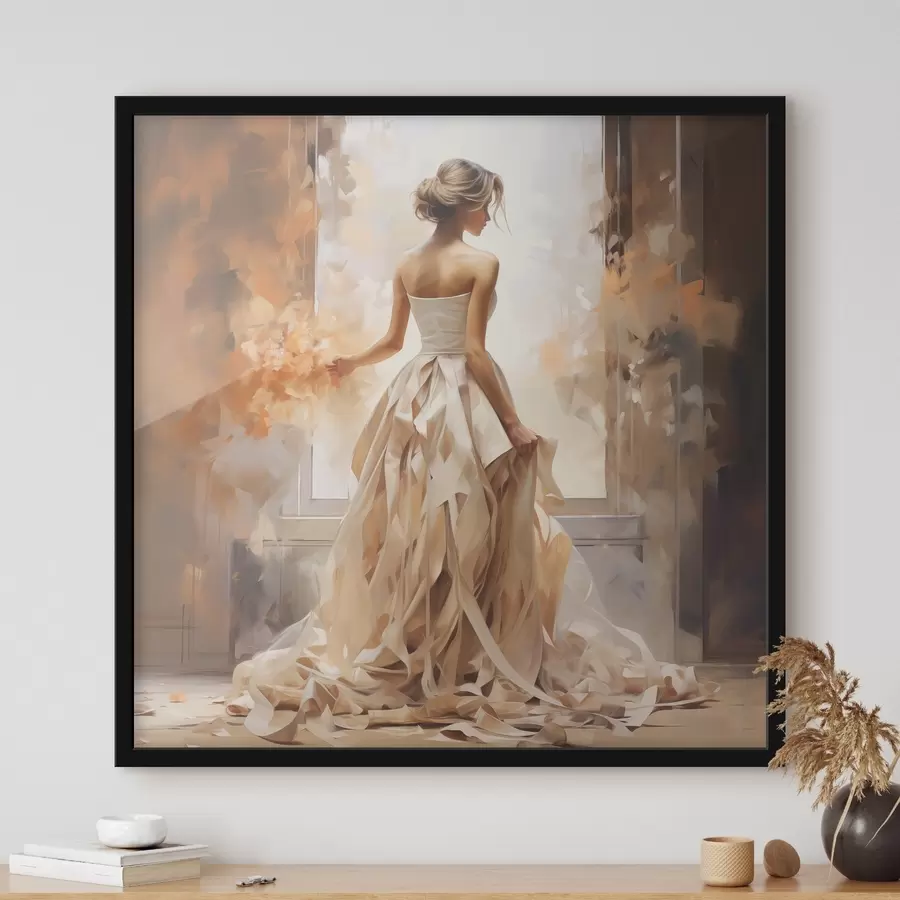 carta da parati Una ragazza in abito da sposa bianco si affaccia alla finestra tra i fuochi e dipinge a mano nr. f39125