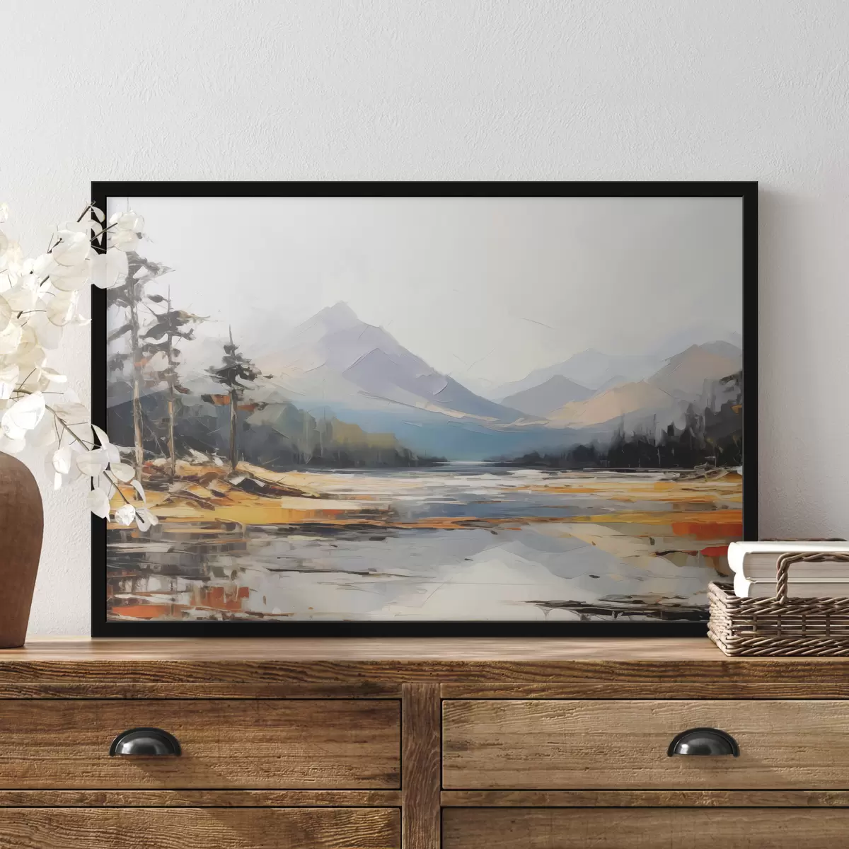 Poster Catene montuose nella valle pittura a olio, paesaggio, natura, blu, colore giallo bianco f39128