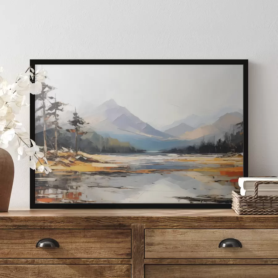 carta da parati Catene montuose nella valle pittura a olio, paesaggio, natura, blu, colore giallo bianco nr. f39128