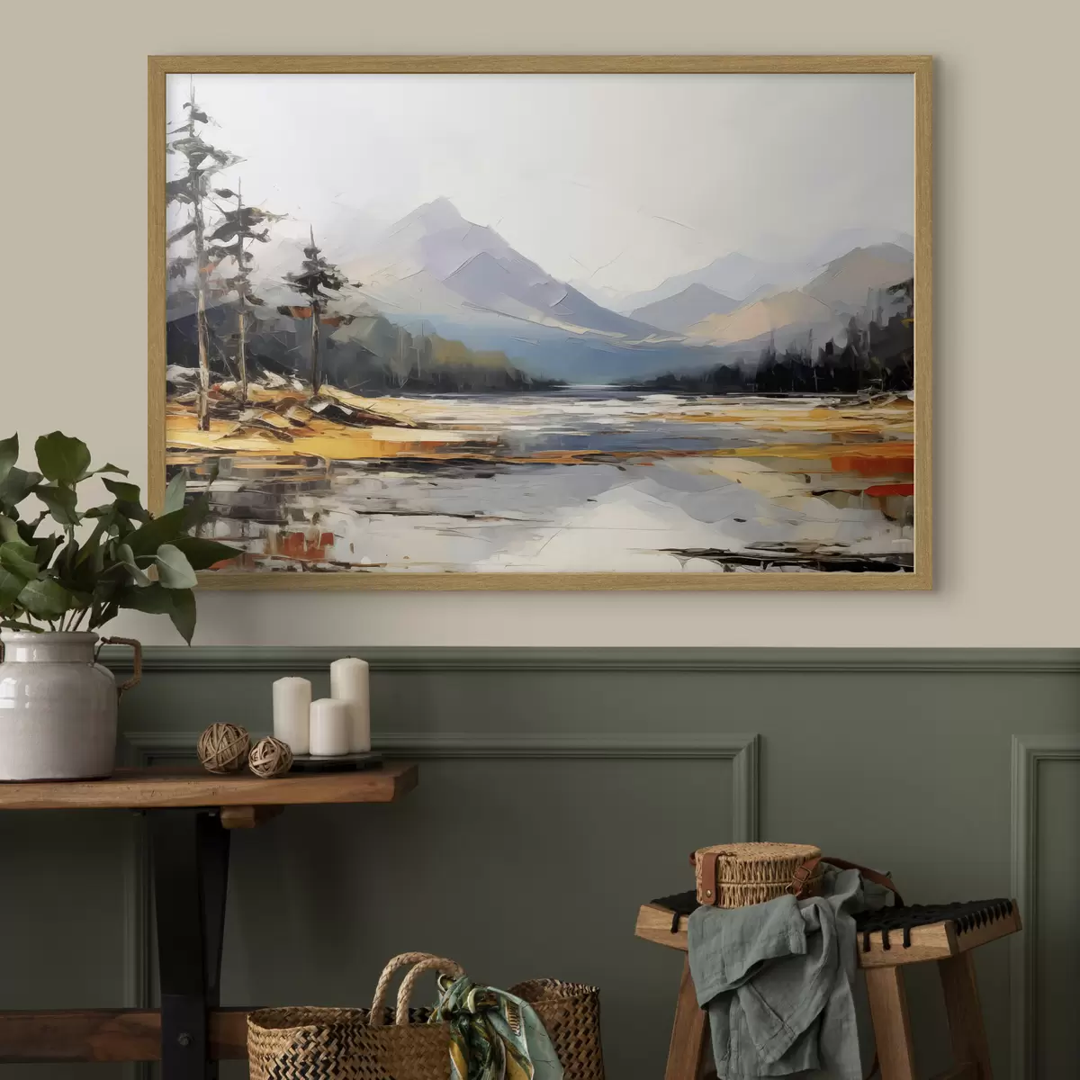 Poster Catene montuose nella valle pittura a olio, paesaggio, natura, blu, colore giallo bianco f39128