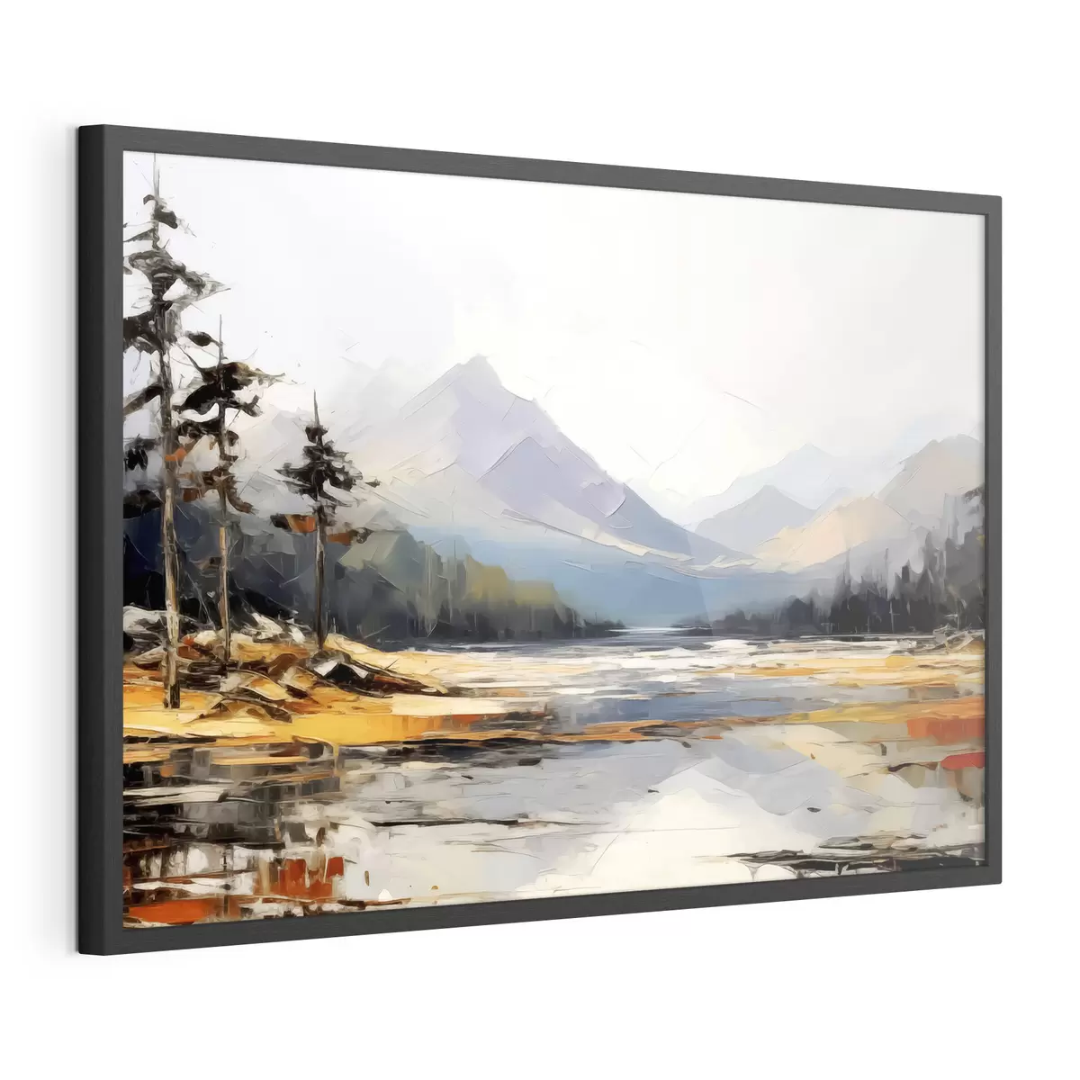 Poster Catene montuose nella valle pittura a olio, paesaggio, natura, blu, colore giallo bianco f39128