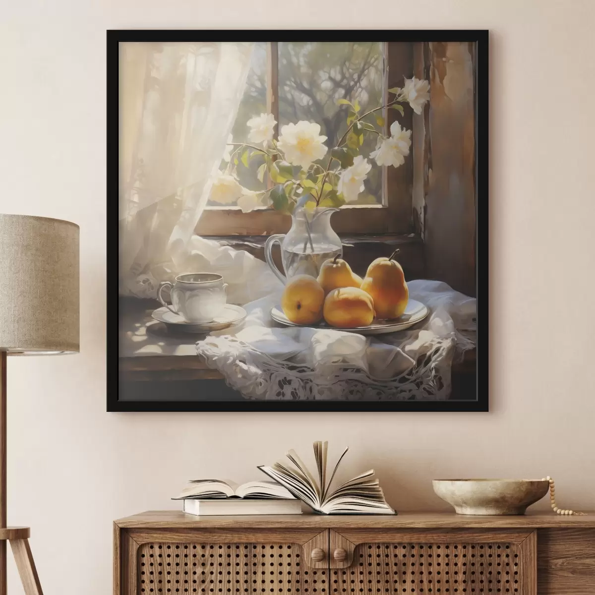 Poster Natura morta rustica con pere gialle mature su un piatto su un tavolo vicino alla finestra, rose bianche in una brocca di vetro, tende di pizzo bianco f39129