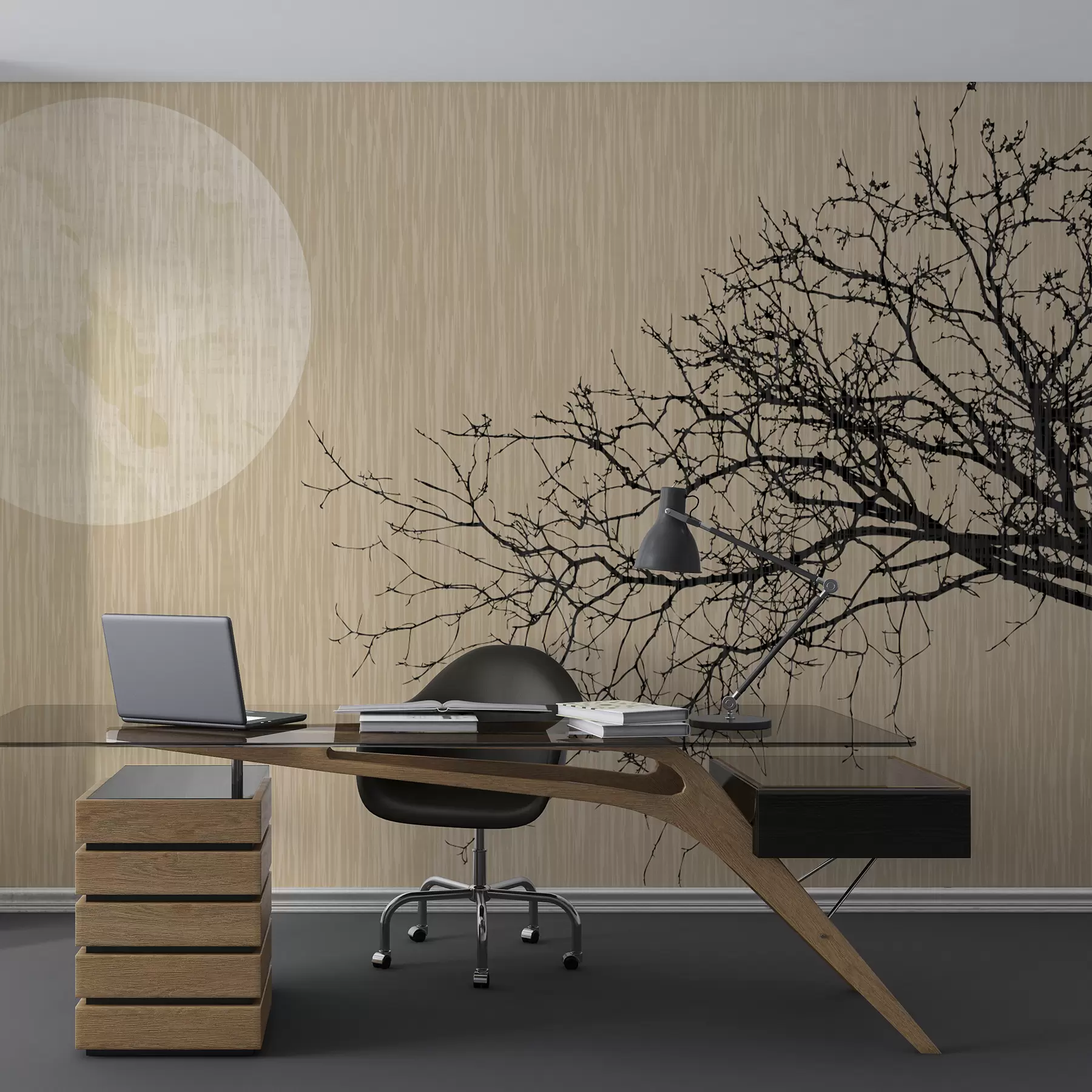 Carta da parati nature Silhouette di albero e luna piena su sfondo marrone 