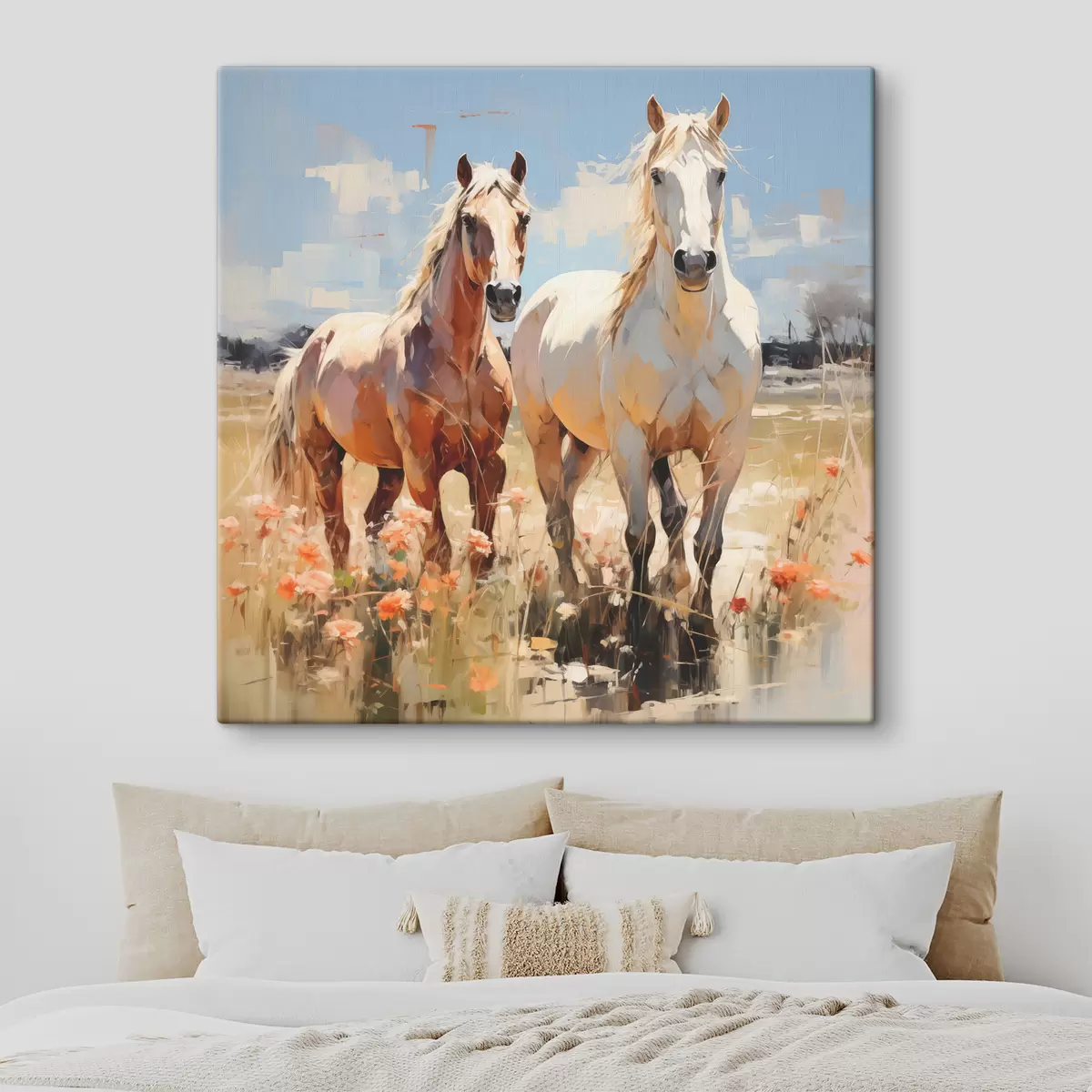 carta da parati Cavalli bianchi e marroni pascolano in un prato tra fiori di campo pittura ad olio arte astratta nr. s39187