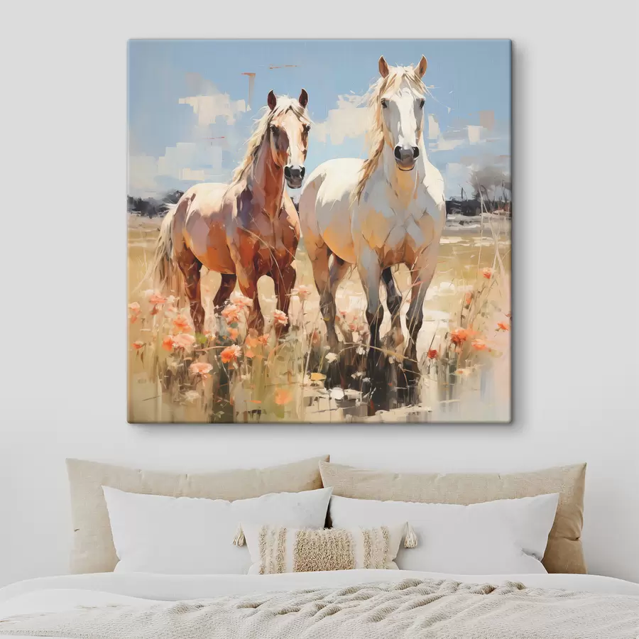 carta da parati Cavalli bianchi e marroni pascolano in un prato tra fiori di campo pittura ad olio arte astratta nr. s39187