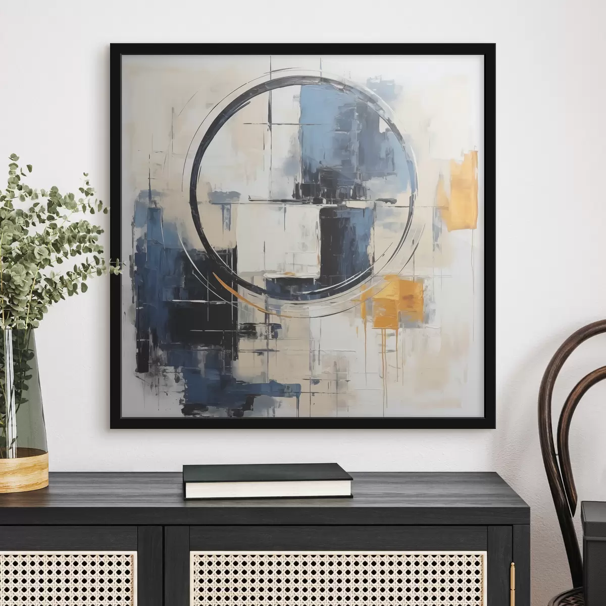 Poster Cubismo astratto, tratti blu, arancioni, bianchi, figura circolare f39179