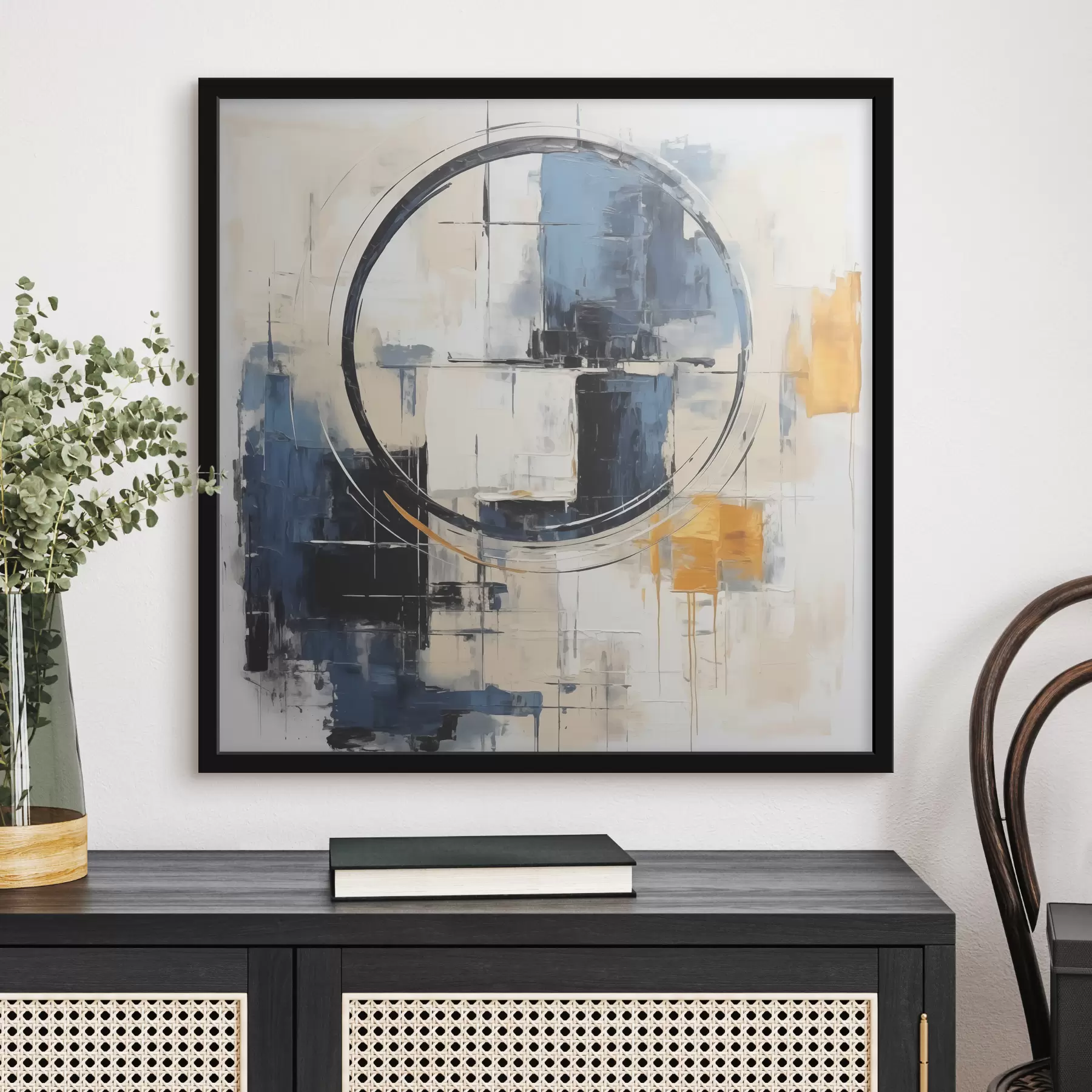 carta da parati Cubismo astratto, tratti blu, arancioni, bianchi, figura circolare nr. f39179