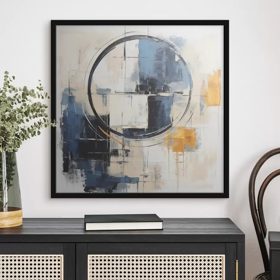 carta da parati Cubismo astratto, tratti blu, arancioni, bianchi, figura circolare nr. f39179