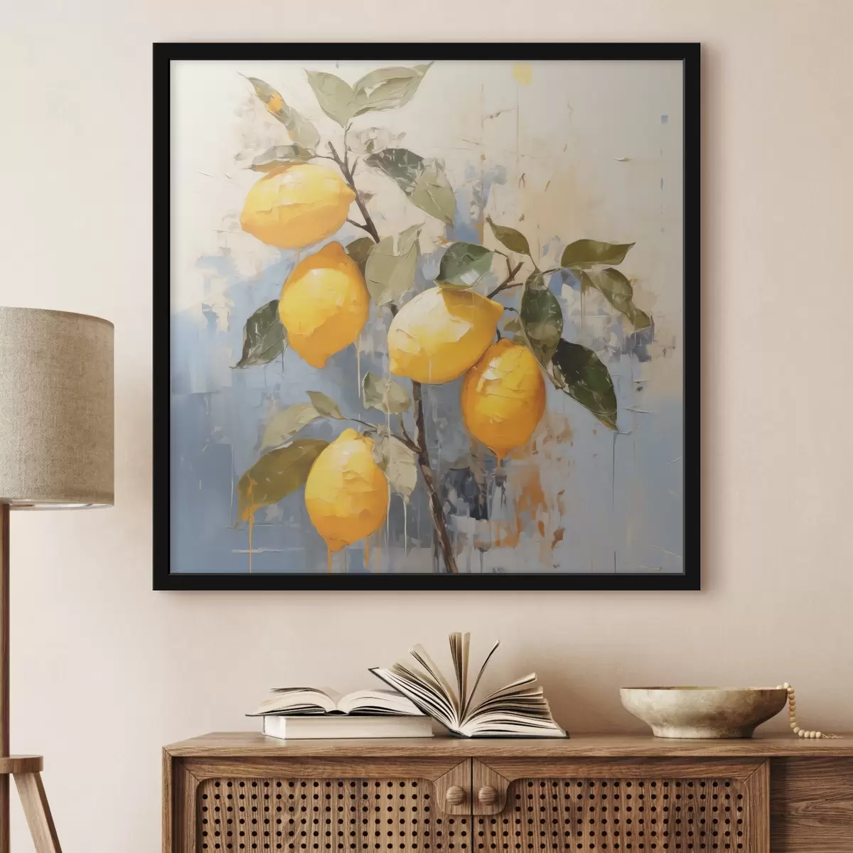 Poster Ramo con limoni maturi, pittura a olio, arte astratta, colori giallo, blu e verde f39186