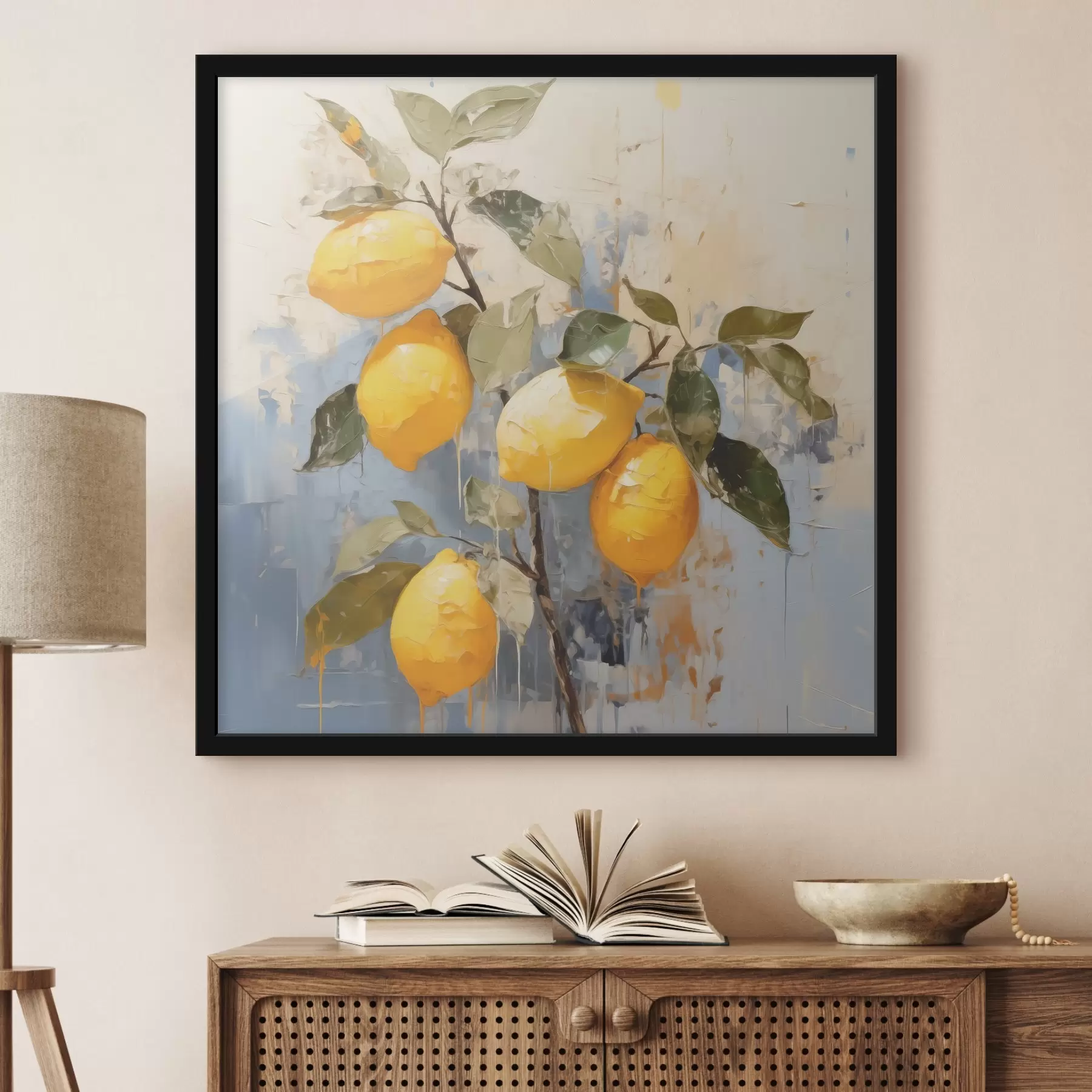 carta da parati Ramo con limoni maturi, pittura a olio, arte astratta, colori giallo, blu e verde nr. f39186