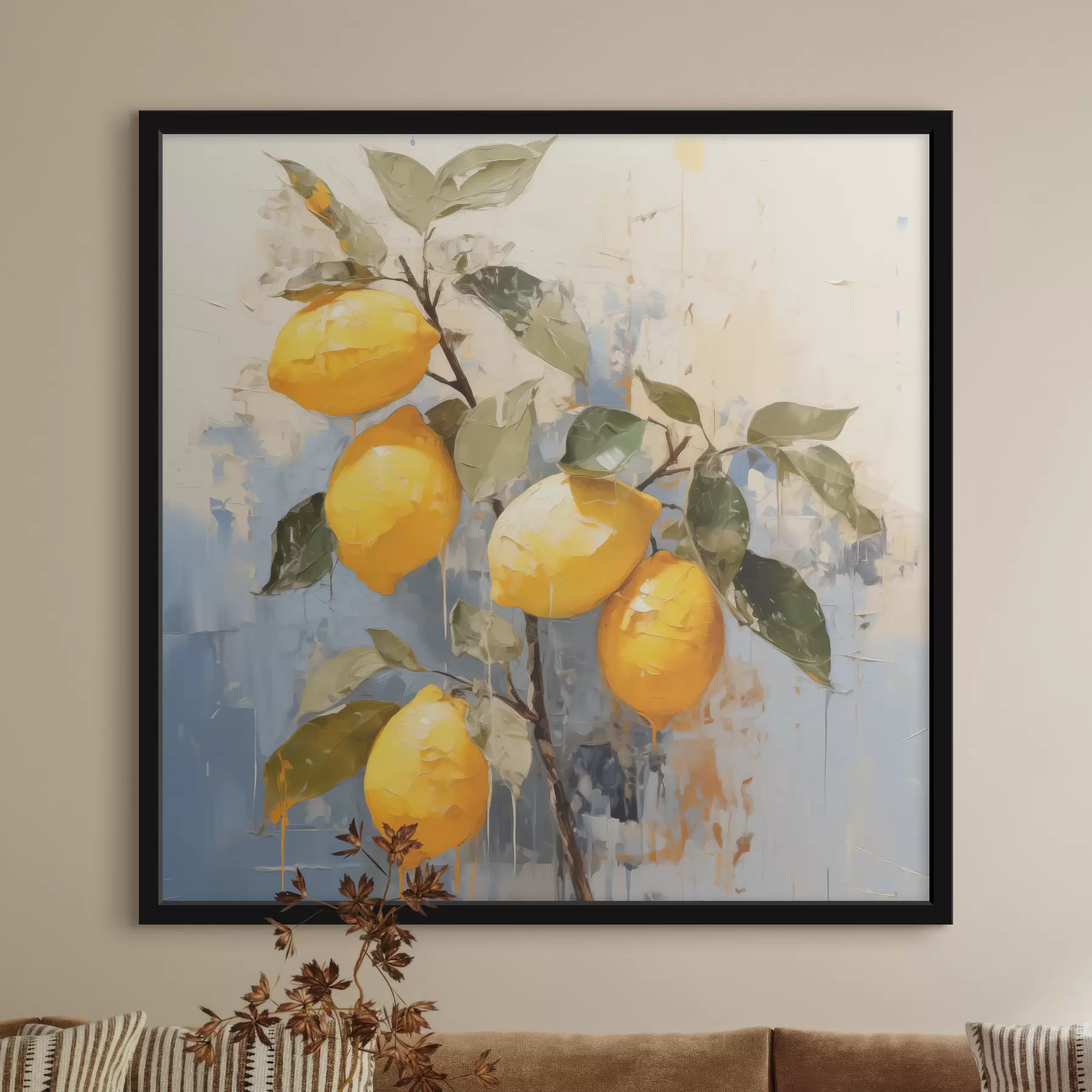 carta da parati Ramo con limoni maturi, pittura a olio, arte astratta, colori giallo, blu e verde nr. f39186