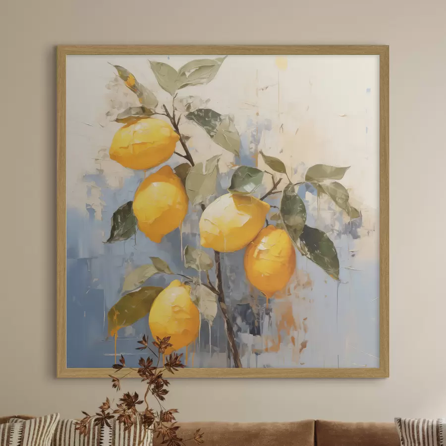 carta da parati Ramo con limoni maturi, pittura a olio, arte astratta, colori giallo, blu e verde nr. f39186