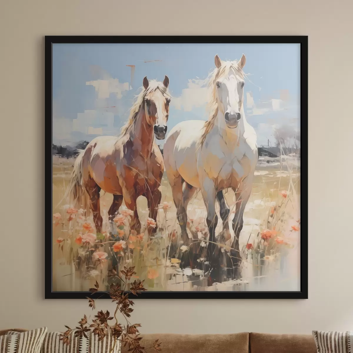 Poster Cavalli bianchi e marroni pascolano in un prato tra fiori selvatici, pittura ad olio, arte astratta f39187