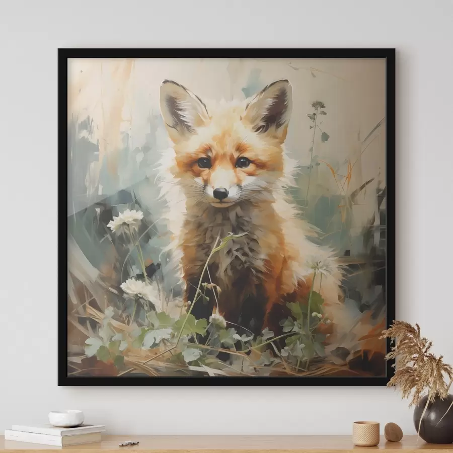 carta da parati Volpe rossa seduta nell'erba secca su uno sfondo verde. Pittura a olio nr. f39191