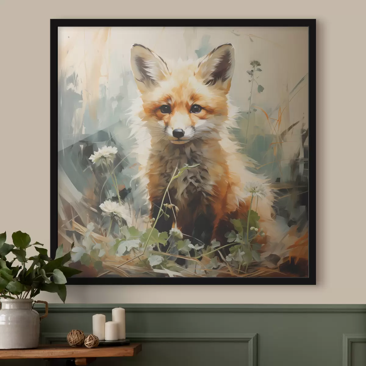 Poster Volpe rossa seduta nell'erba secca su uno sfondo verde. Pittura a olio f39191