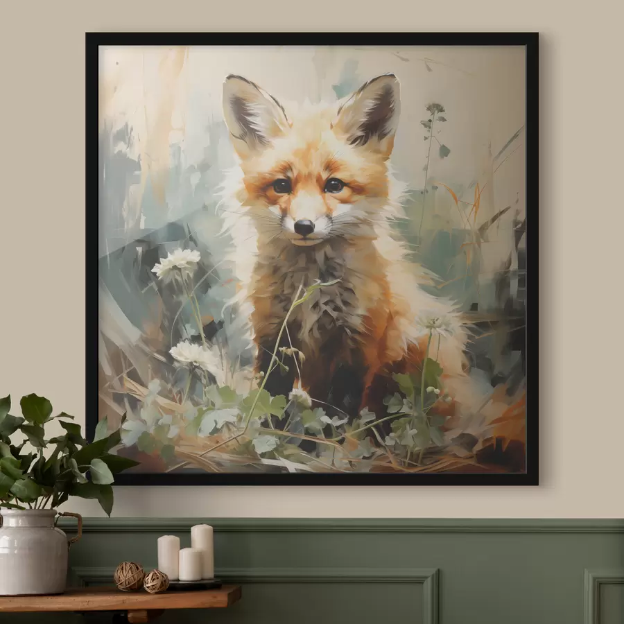 carta da parati Volpe rossa seduta nell'erba secca su uno sfondo verde. Pittura a olio nr. f39191