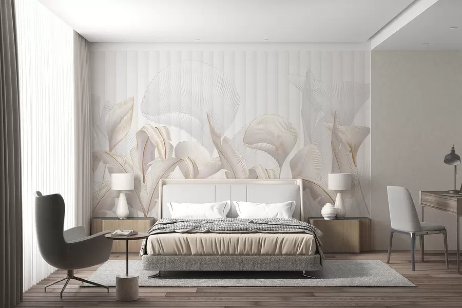 carta da parati Una vista ravvicinata di foglie tropicali su uno sfondo bianco, con sfondo strutturato nr. w01237