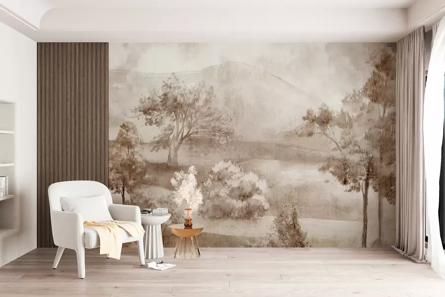carta da parati Dipinto paesaggistico di una scena di campagna nebbiosa circondata da alberi rigogliosi e fogliame nei toni del marrone nr. w01247