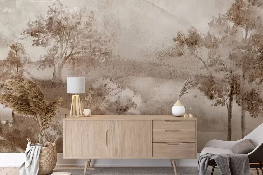 carta da parati Dipinto paesaggistico di una scena di campagna nebbiosa circondata da alberi rigogliosi e fogliame nei toni del marrone nr. w01247