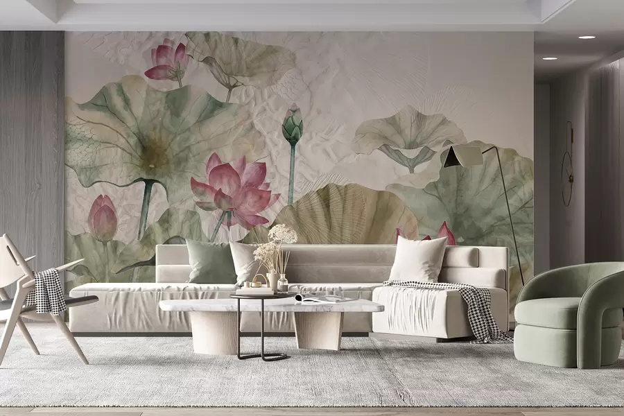 Carta da parati nature Fiori di loto rosa con foglie verdi su uno sfondo con texture chiara 