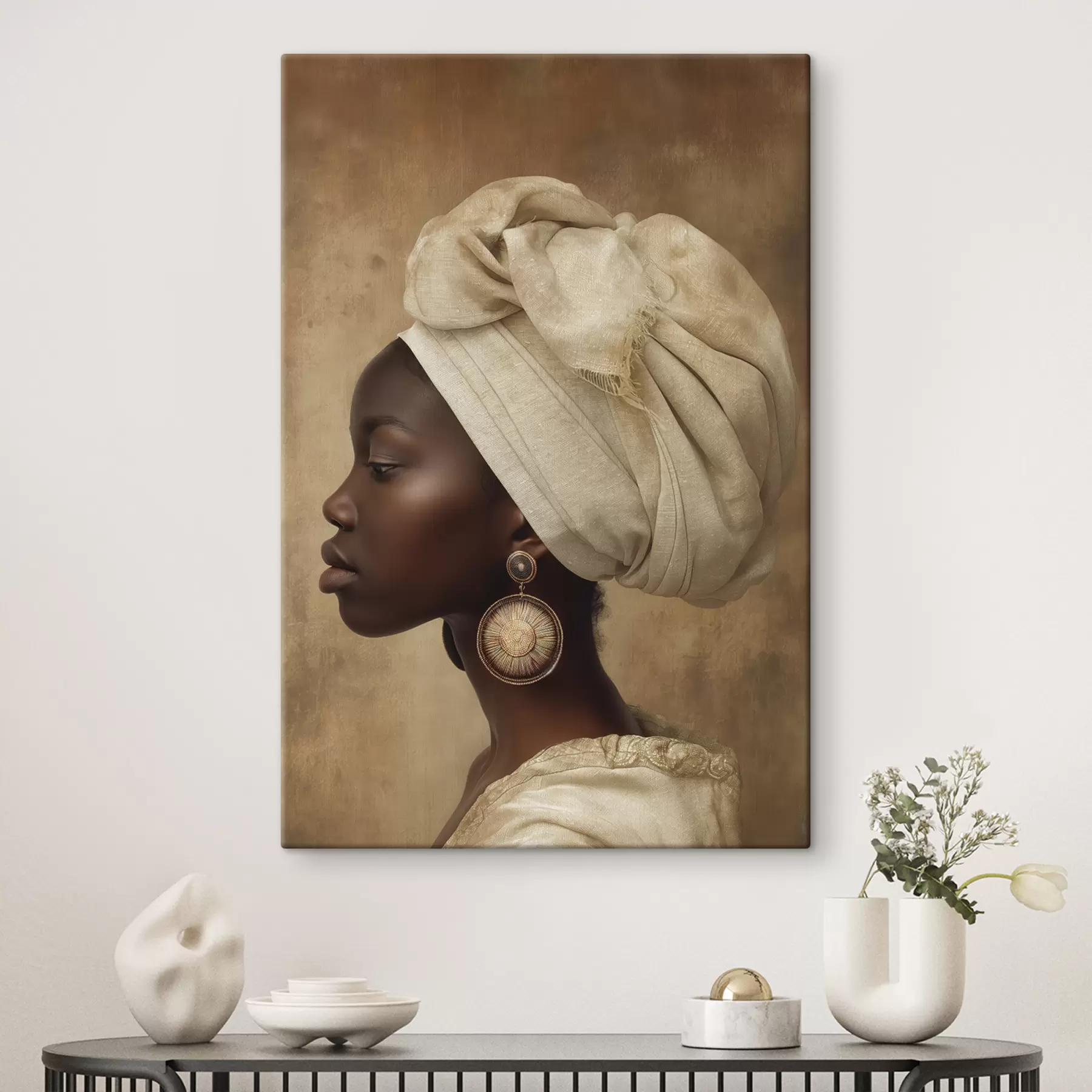 carta da parati ritratto beige di una donna in stile africano di profilo con grandi orecchini nr. s26120