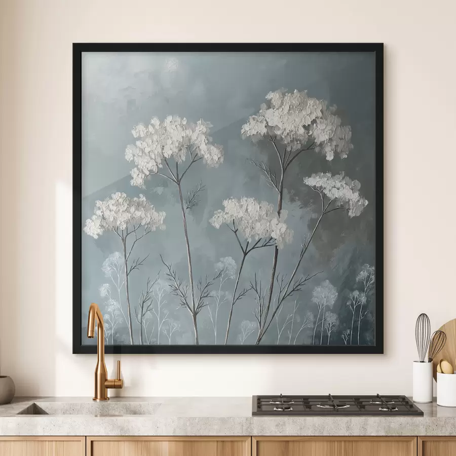 carta da parati un dipinto a olio raffigurante delicati fiori bianchi su sfondo blu nr. f39325