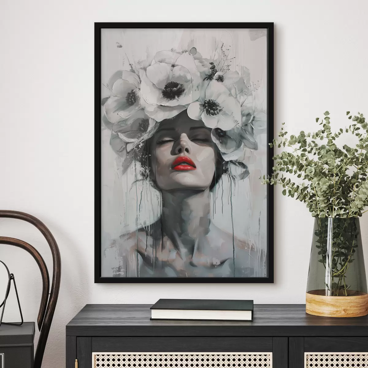 Poster Ritratto di una donna con fiori tra i capelli e labbra rosse f39253