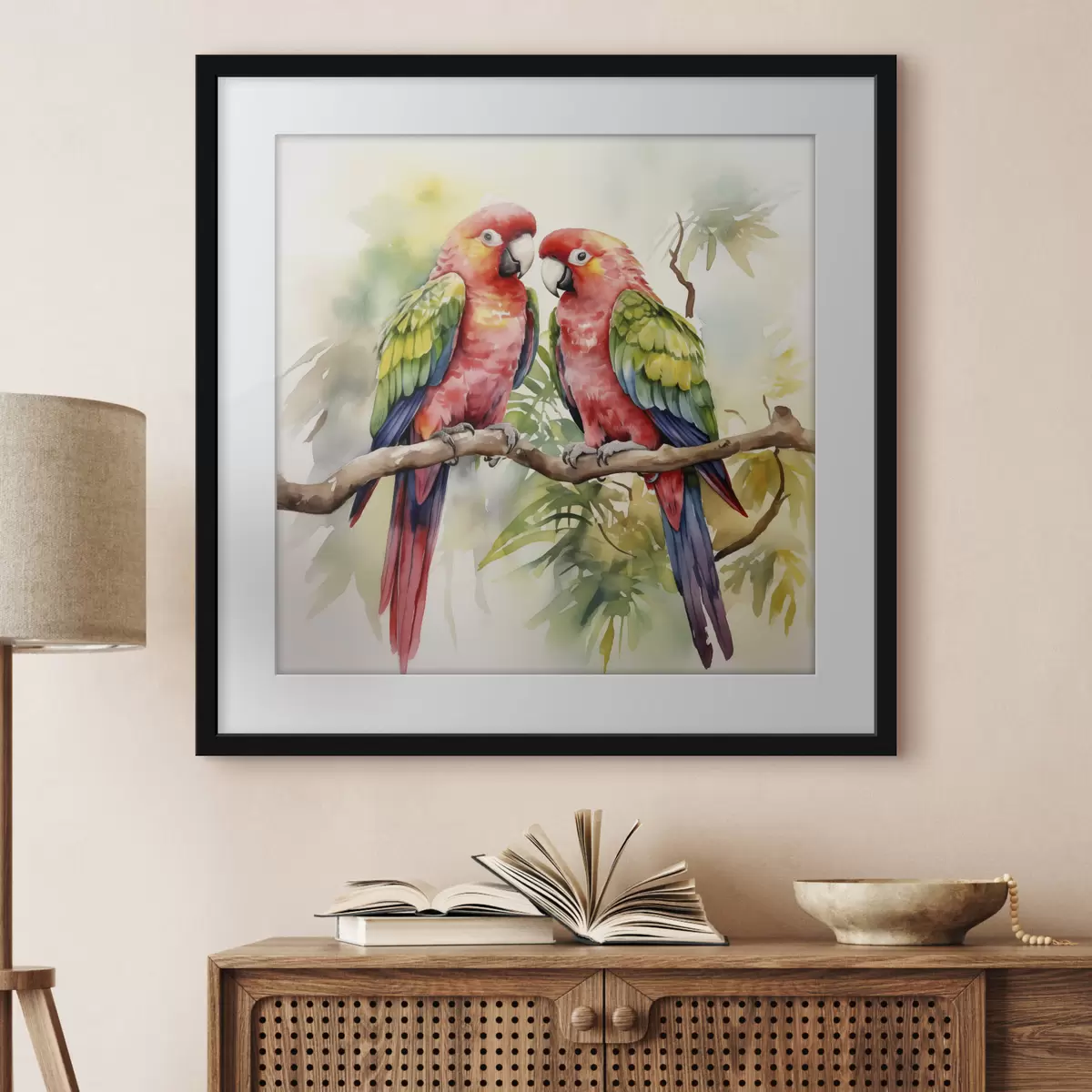Poster Due pappagalli macaw luminosi seduti su un ramo dipinto ad acquerello f39333
