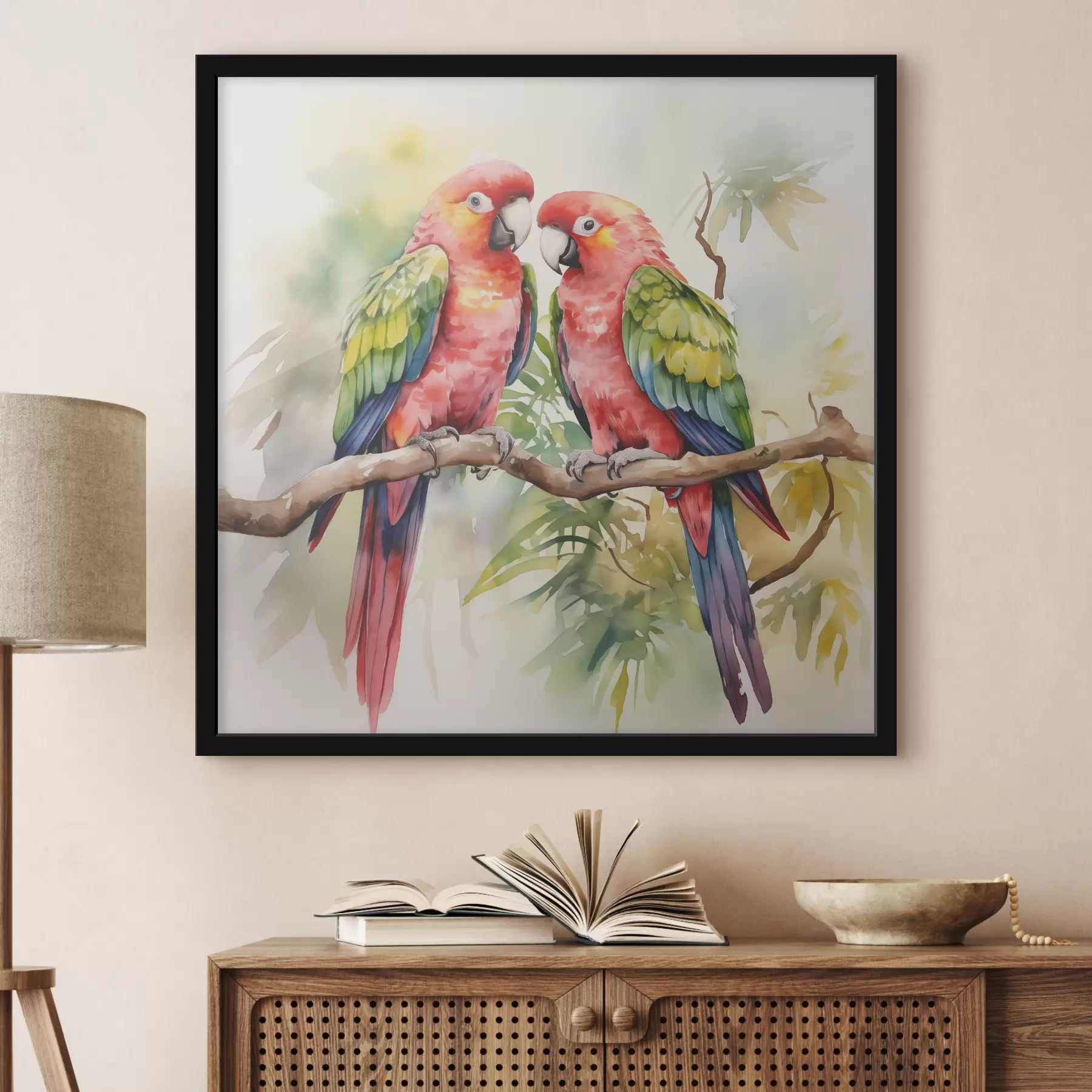 carta da parati Due pappagalli macaw luminosi seduti su un ramo dipinto ad acquerello nr. f39333