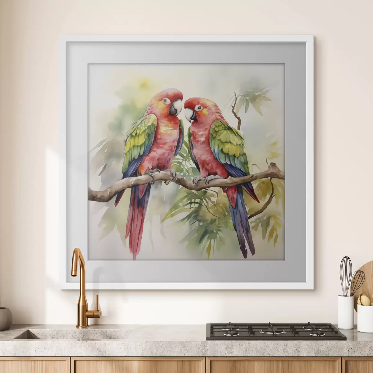 Poster Due pappagalli macaw luminosi seduti su un ramo dipinto ad acquerello f39333