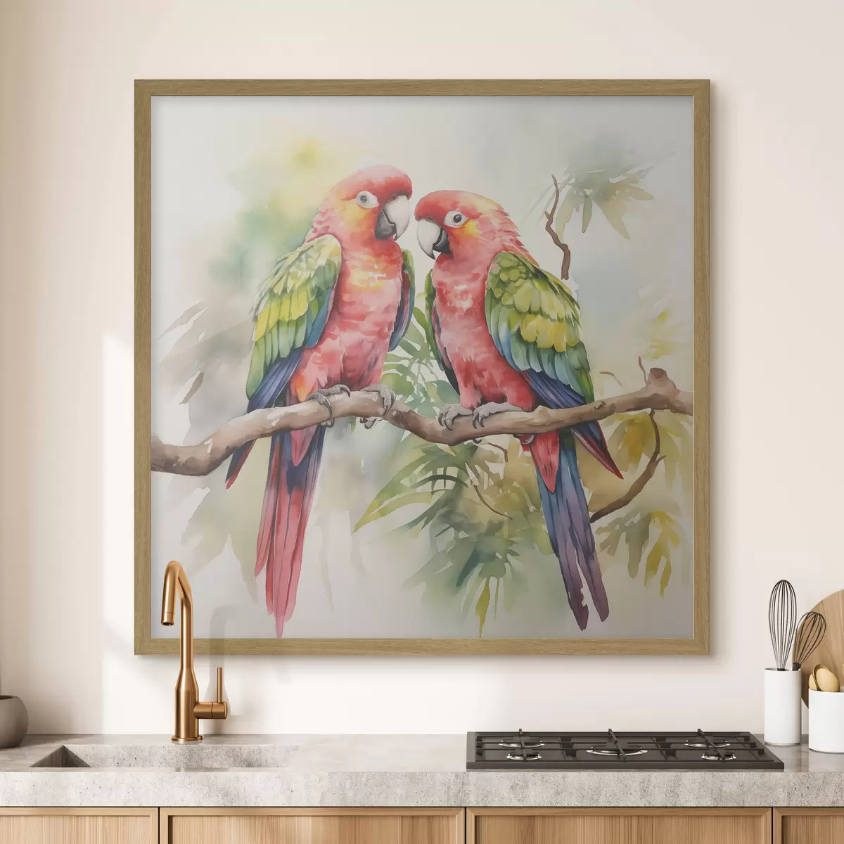 Poster Due pappagalli macaw luminosi seduti su un ramo dipinto ad acquerello f39333