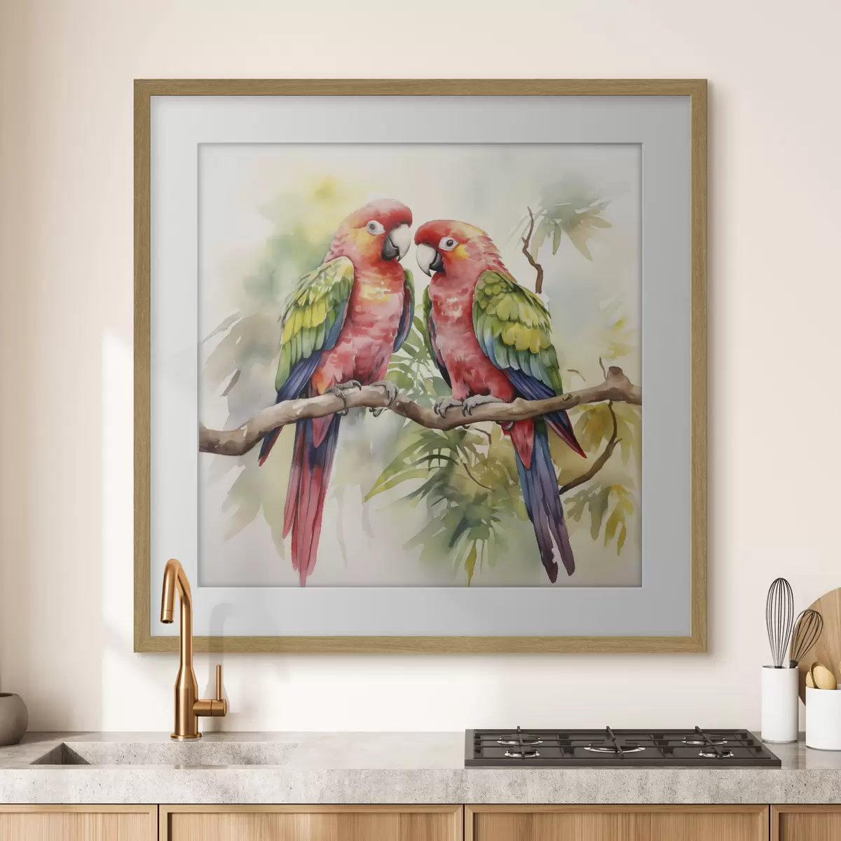 Poster Due pappagalli macaw luminosi seduti su un ramo dipinto ad acquerello f39333