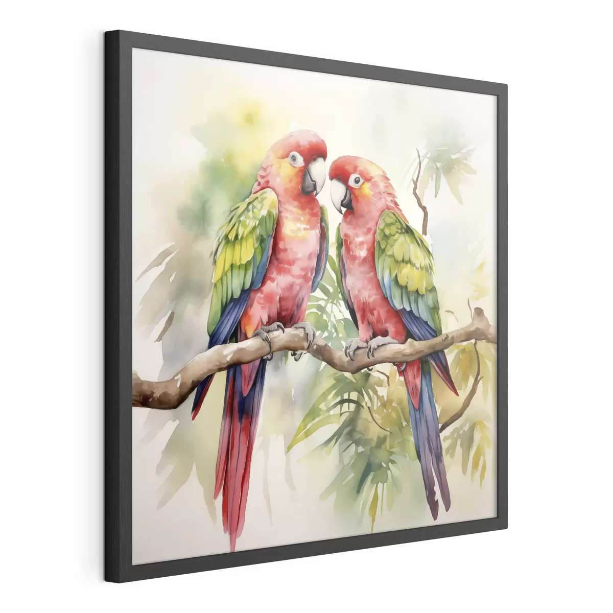 Poster Due pappagalli macaw luminosi seduti su un ramo dipinto ad acquerello f39333