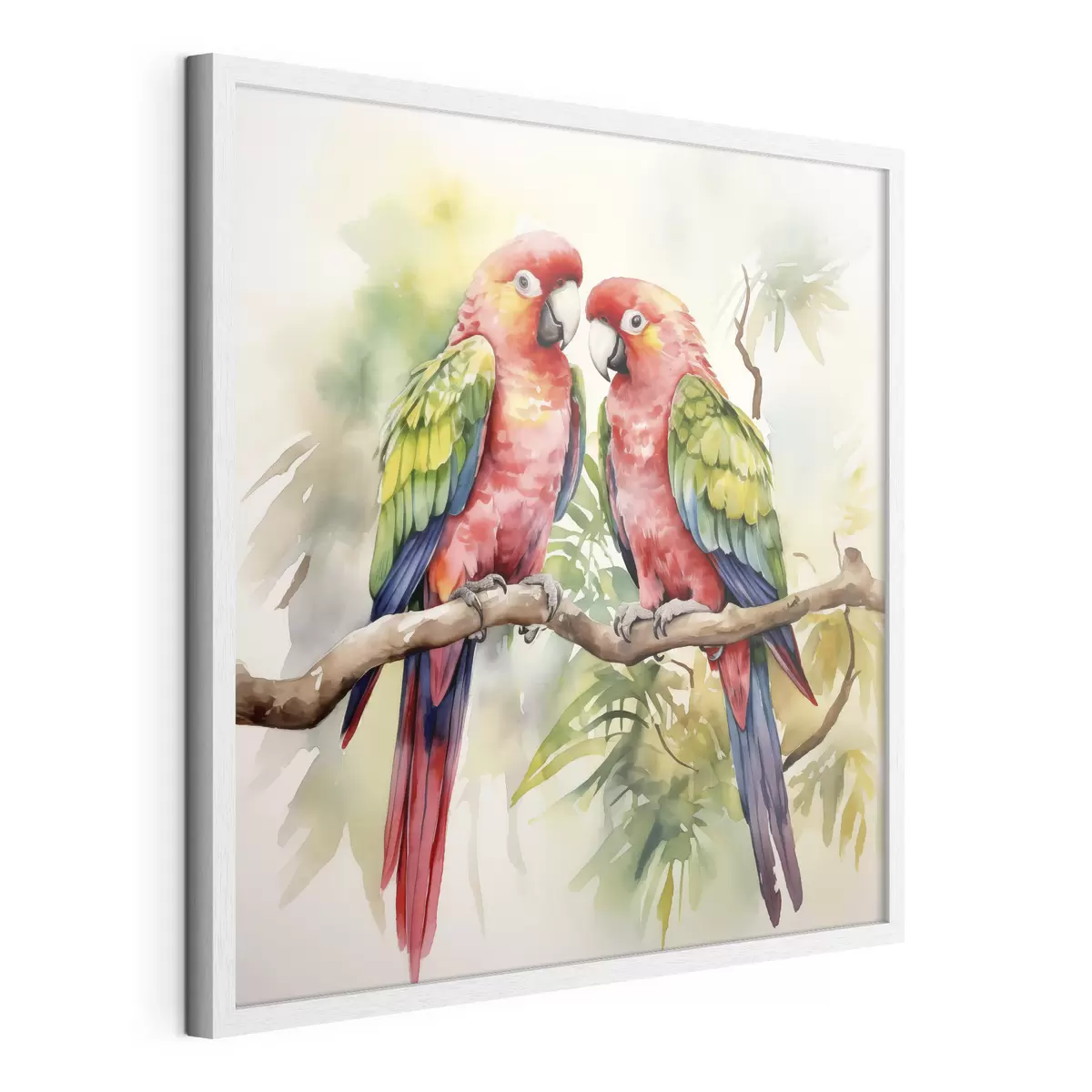 Poster Due pappagalli macaw luminosi seduti su un ramo dipinto ad acquerello f39333