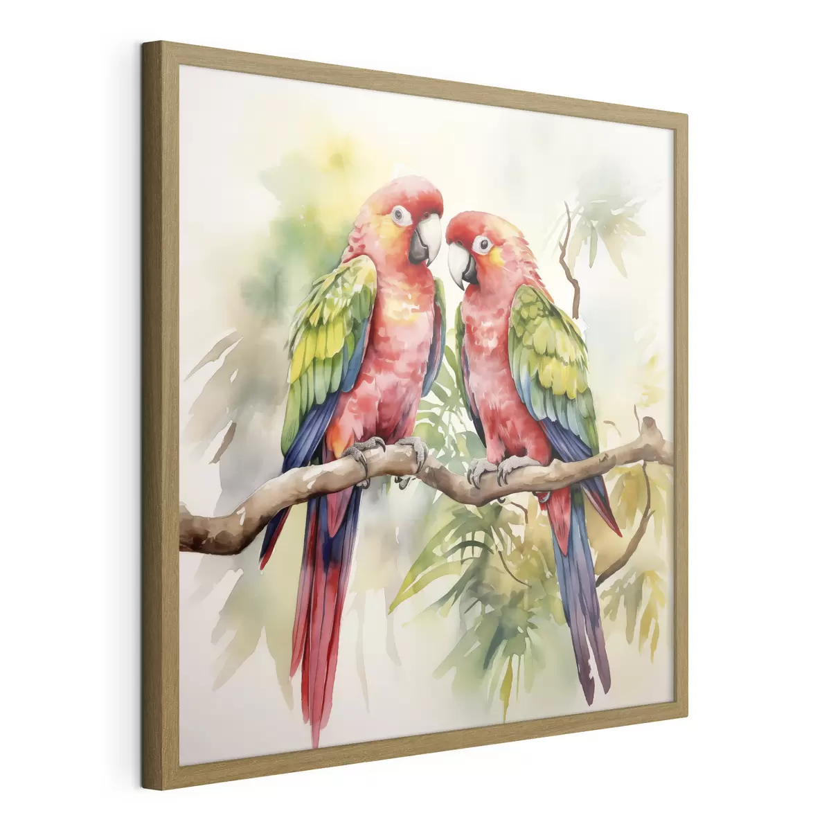 Poster Due pappagalli macaw luminosi seduti su un ramo dipinto ad acquerello f39333