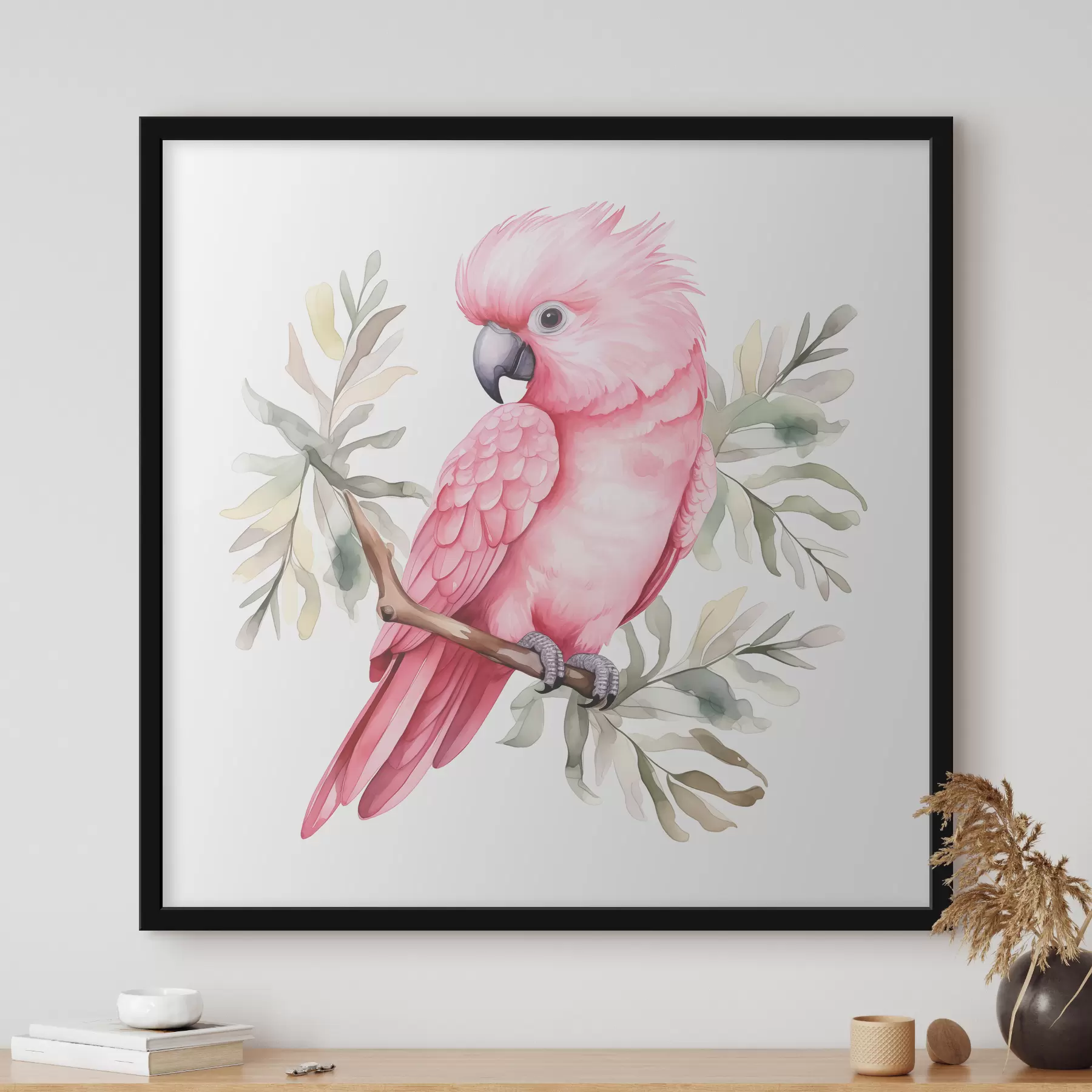 carta da parati Un pappagallo cacatua rosa siede su un ramo in acquerello nr. f39334