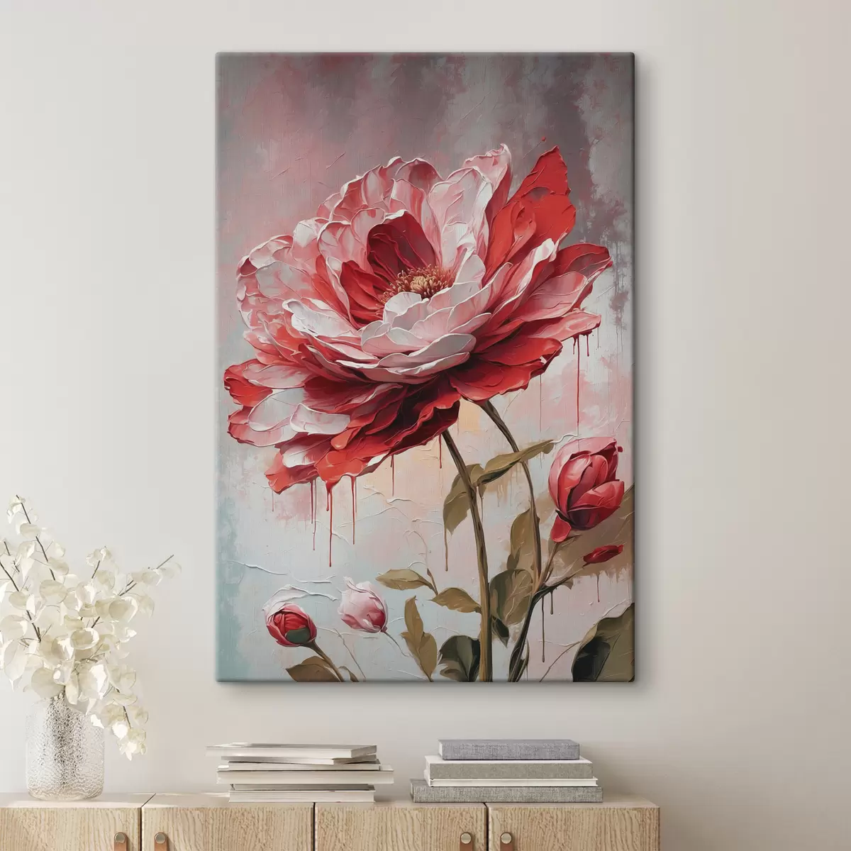 carta da parati Fiore rosso su sfondo bianco-grigio nr. s39173