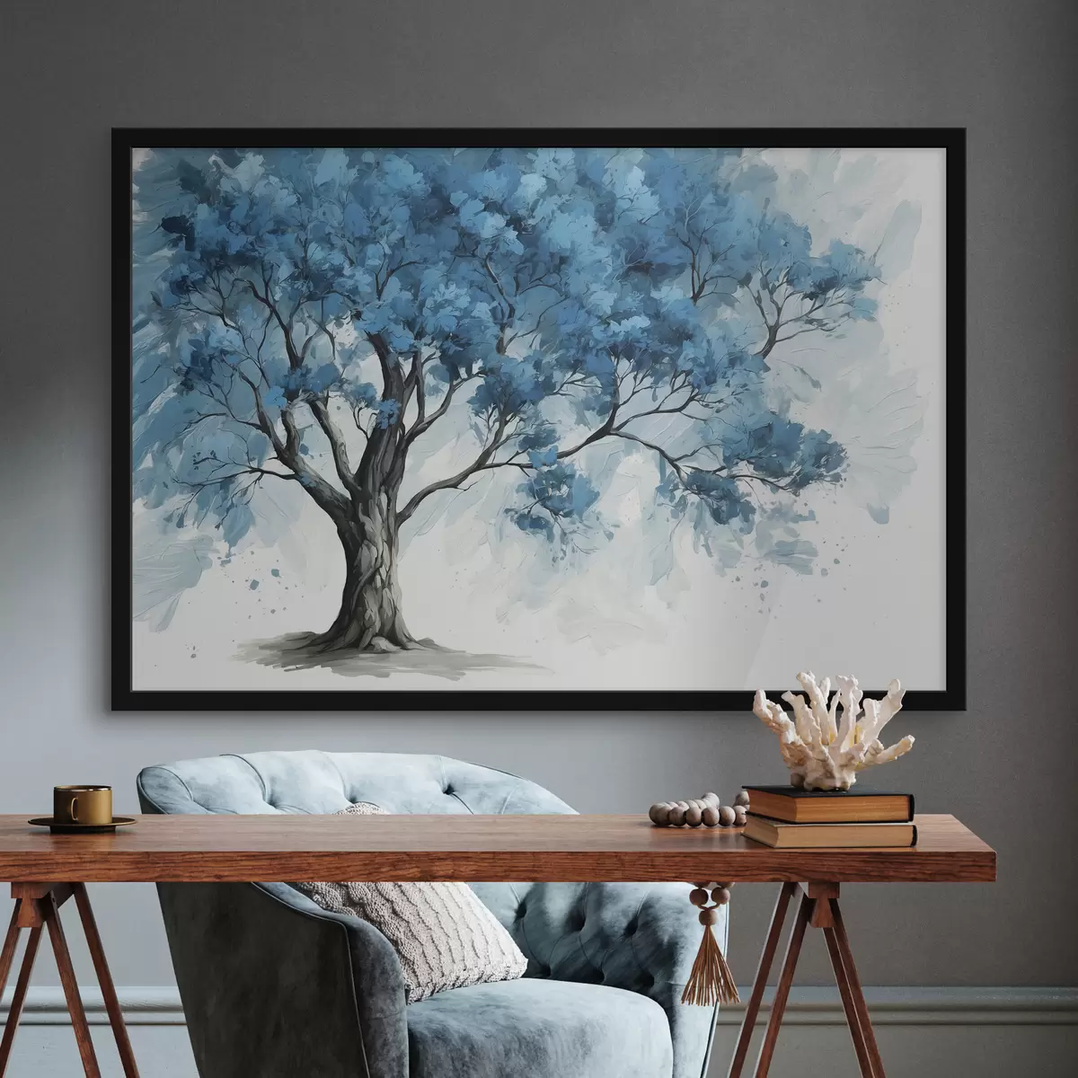 Poster Albero con foglie blu su sfondo bianco f39153