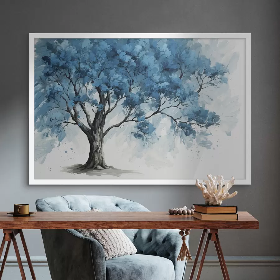 carta da parati Albero con foglie blu su sfondo bianco nr. f39153