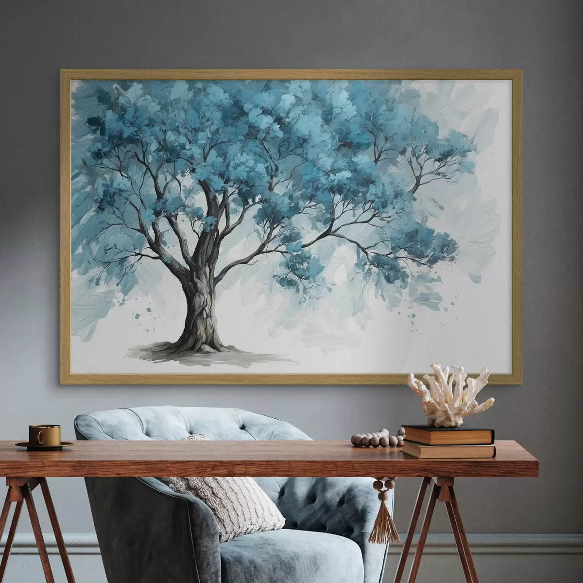 Poster Albero con foglie blu su sfondo bianco f39153